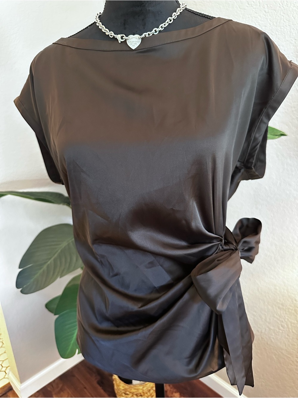 New York & Company Brown Satin Blouse with Side Tie